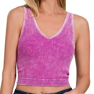 Zenana Mineral Wash Pink Ribbed V-Neck Padded Women's Tank Top Size L/XL